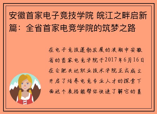 安徽首家电子竞技学院 皖江之畔启新篇：全省首家电竞学院的筑梦之路